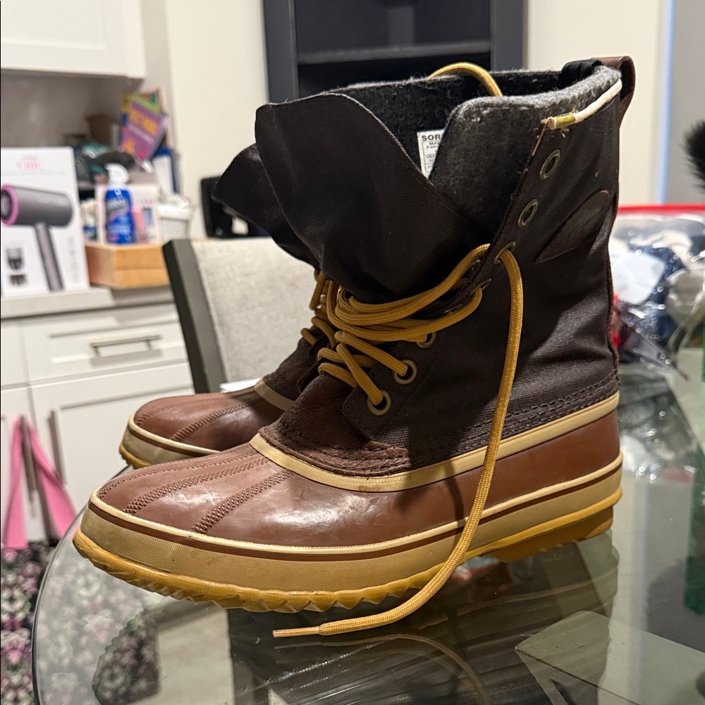 Sorel Brown and Tan Boots with Yellow Laces